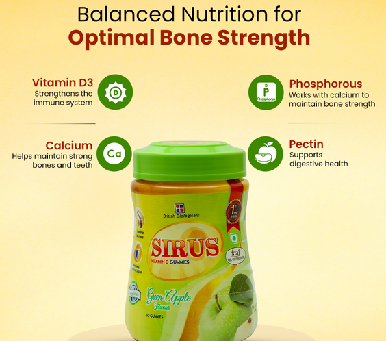 British Biologicals Sirus Vitamin D Gummies | Vitamin D Gummies for Men & Women | Gluten-Free | Supports Bone, Teeth & Muscle Health | Non-GMO | Maintains Calcium Levels | Green Apple Flavour | 60 Count - shopbritishbiologicals