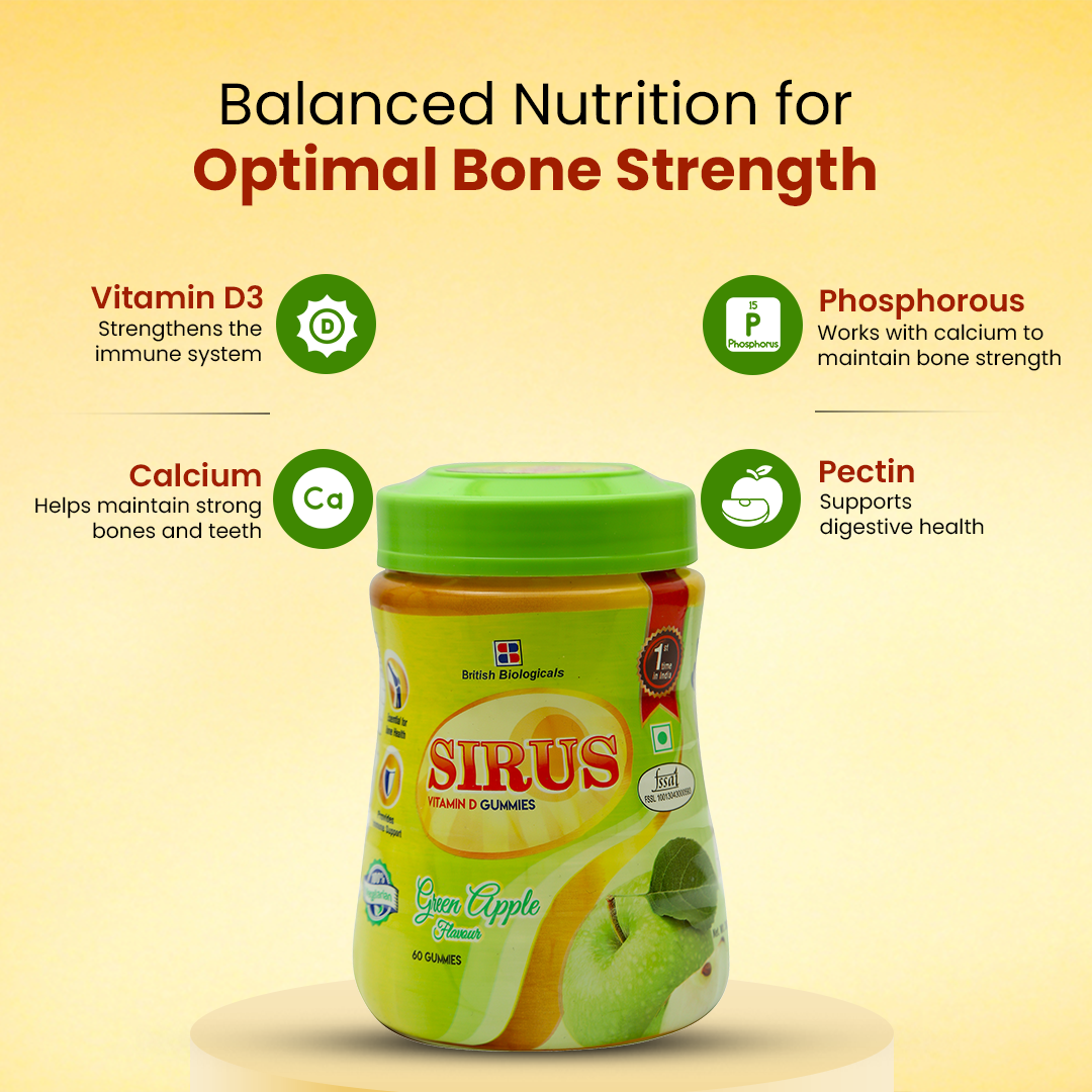 British Biologicals Sirus Vitamin D Gummies | Vitamin D Gummies for Men & Women | Gluten-Free | Supports Bone, Teeth & Muscle Health | Non-GMO | Maintains Calcium Levels | Green Apple Flavour | 60 Count - shopbritishbiologicals