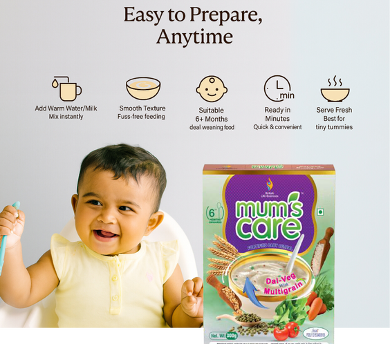 Mum's Care Dal Veg Multigrain Baby Cereal – Nutritious & Delicious Instant Food for Growing Babies Rich in Iron, Calcium & Protein | NO Added Colours & Flavours | 300g | 6 month Onwards - shopbritishbiologicals