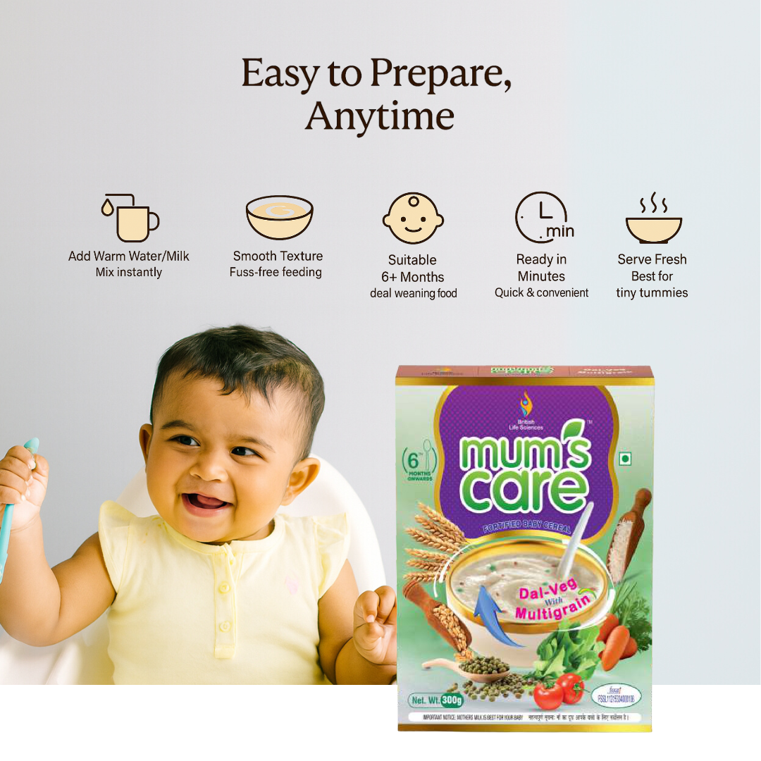 Mum's Care Dal Veg Multigrain Baby Cereal – Nutritious & Delicious Instant Food for Growing Babies Rich in Iron, Calcium & Protein | NO Added Colours & Flavours | 300g | 6 month Onwards - shopbritishbiologicals