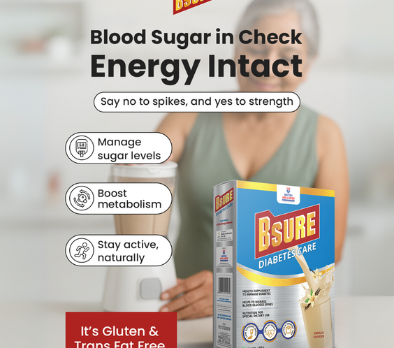 Bsure Diabetes Care - Balanced Nutritional Supplement | 28 Vitamins & Minerals, Gluten and Transfat Free | Supports Blood Sugar Control, Muscle Strength & Immunity | 400g | Vanilla Flavour - shopbritishbiologicals