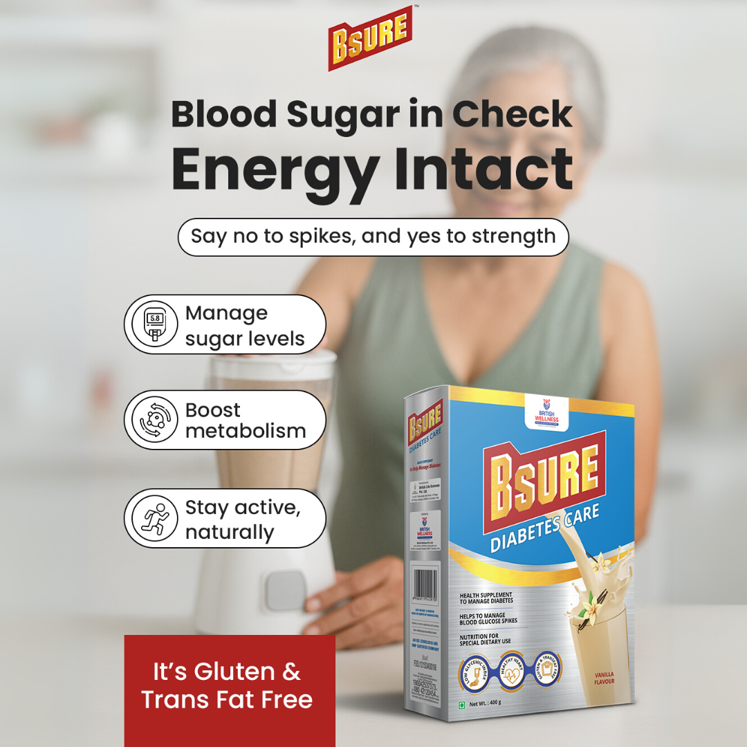 Bsure Diabetes Care - Balanced Nutritional Supplement | 28 Vitamins & Minerals, Gluten and Transfat Free | Supports Blood Sugar Control, Muscle Strength & Immunity | 400g | Vanilla Flavour - shopbritishbiologicals