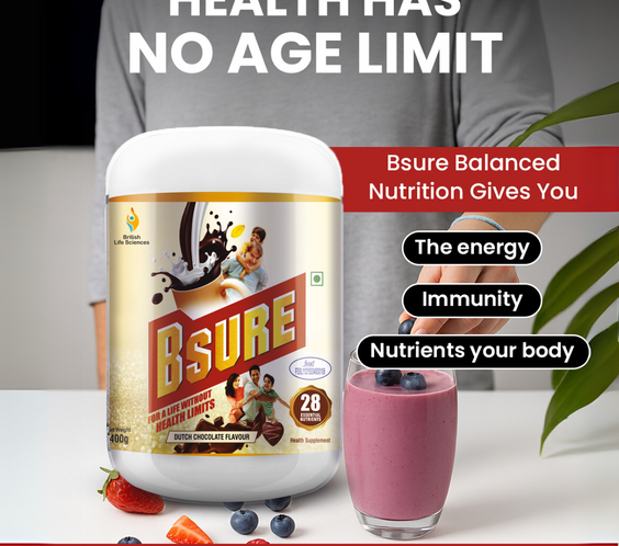 Bsure - For a Life Without Health Limits | Complete Balanced Nutritional Supplement for All Ages | Immunity Booster with 3 Vital Antioxidants & 28 Nutrients | Gluten-Free | Dutch Chocolate Flavour | 400g - shopbritishbiologicals