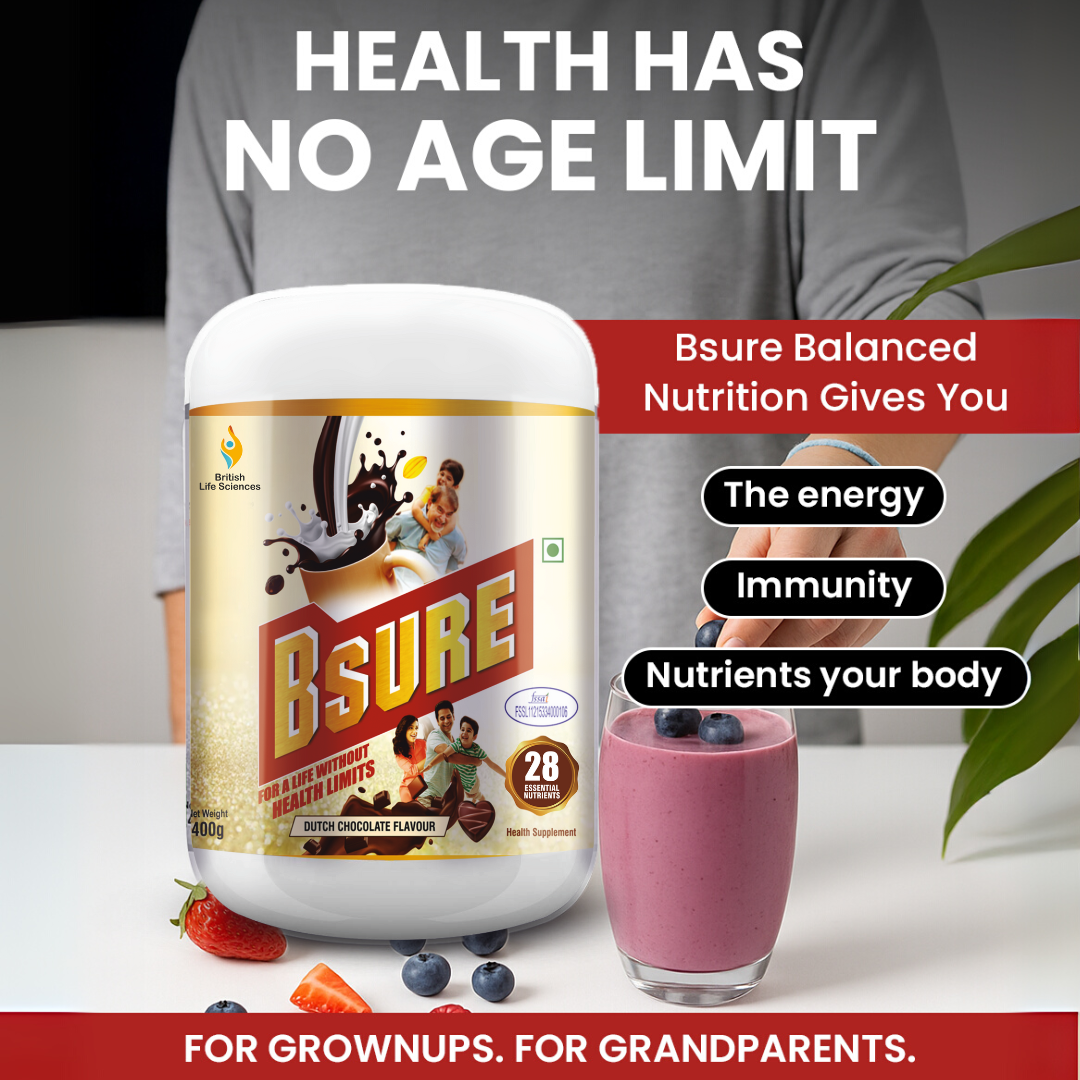 Bsure - For a Life Without Health Limits | Complete Balanced Nutritional Supplement for All Ages | Immunity Booster with 3 Vital Antioxidants & 28 Nutrients | Gluten-Free | Dutch Chocolate Flavour | 400g - shopbritishbiologicals