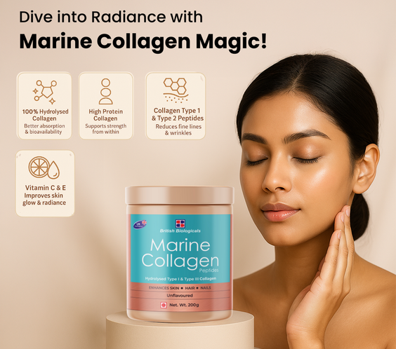 British Biologicals Marine Collagen Supplements for Women & Men | Supports Glowing Skin | Hydrolyzed Collagen Peptides Type I & III | Supports healthy Nails, Hair & Skin | Supports Damaged Skin | 200g | Unflavoured - shopbritishbiologicals