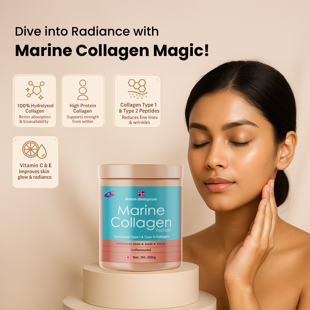 British Biologicals Marine Collagen Supplements for Women & Men | Supports Glowing Skin | Hydrolyzed Collagen Peptides Type I & III | Supports healthy Nails, Hair & Skin | Supports Damaged Skin | 200g | Unflavoured - shopbritishbiologicals