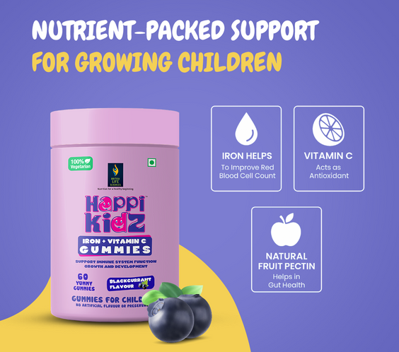 Happi Kidz Iron + Vitamin C Gummies For Kids-(60 Gummy Bears) -Supports Immune system function, Helps build red blood cells & overall growth and development | Strawberry Flavour | | Lab tested for purity - shopbritishbiologicals