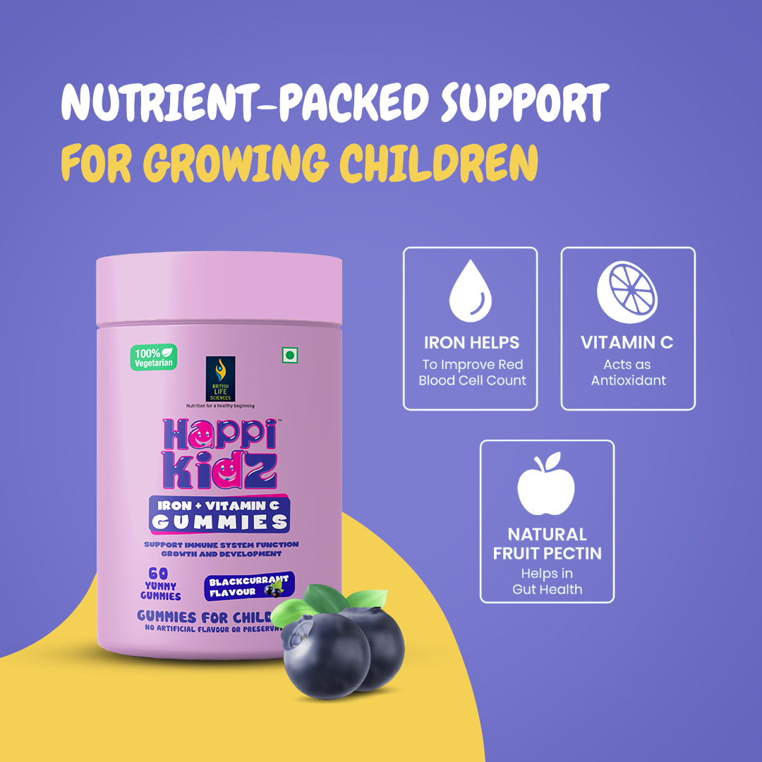 Happi Kidz Iron + Vitamin C Gummies For Kids-(60 Gummy Bears) -Supports Immune system function, Helps build red blood cells & overall growth and development | Strawberry Flavour | | Lab tested for purity - shopbritishbiologicals