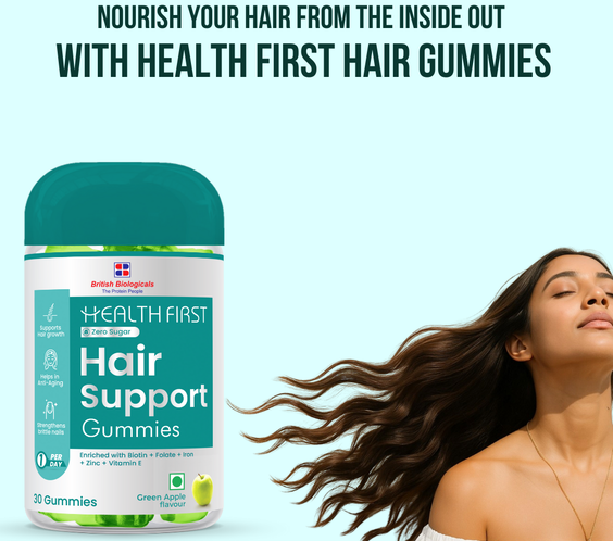 Health First Hair Gummies – Biotin, Folate & Iron Enriched | Hair Growth & Hair Fall Control | Vitamins for Strong, Healthy Hair | Green Apple Flavour | 30 Gummies | For Men & Women - shopbritishbiologicals