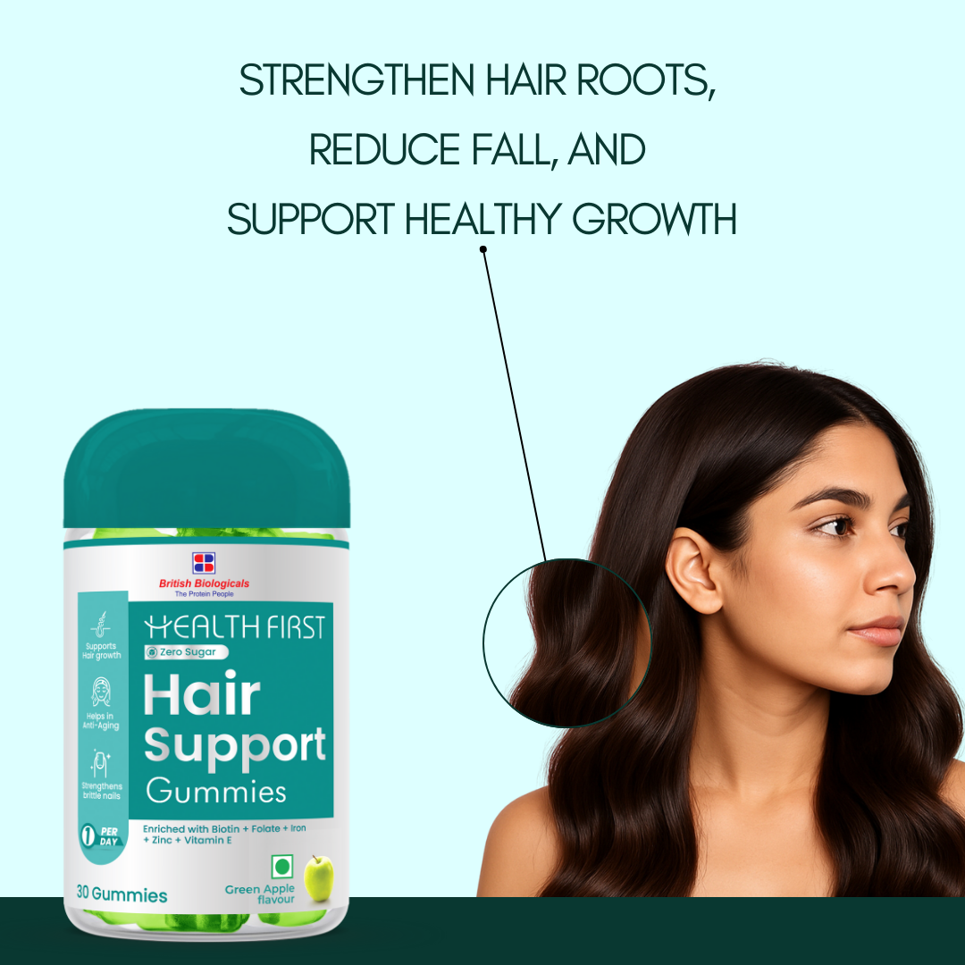 Health First Hair Gummies – Biotin, Folate & Iron Enriched | Hair Growth & Hair Fall Control | Vitamins for Strong, Healthy Hair | Green Apple Flavour | 30 Gummies | For Men & Women - shopbritishbiologicals
