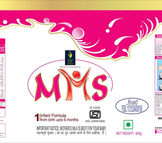 MMS Stage 1 infant milk powder for 0-6 months babies, supporting early development, with Omega 3 & 6, in 400g pink packaging