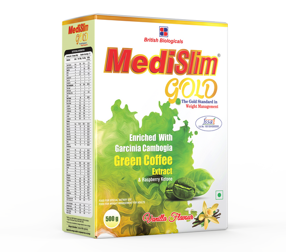 British Biologicals Medislim Gold | Advanced Weight Management Meal Replacement | High Protein, Low Fat & Sugar Free | With Essential Vitamins & Minerals | Garcinia Cambogia, Raspberry, Ketone | 500g Pack