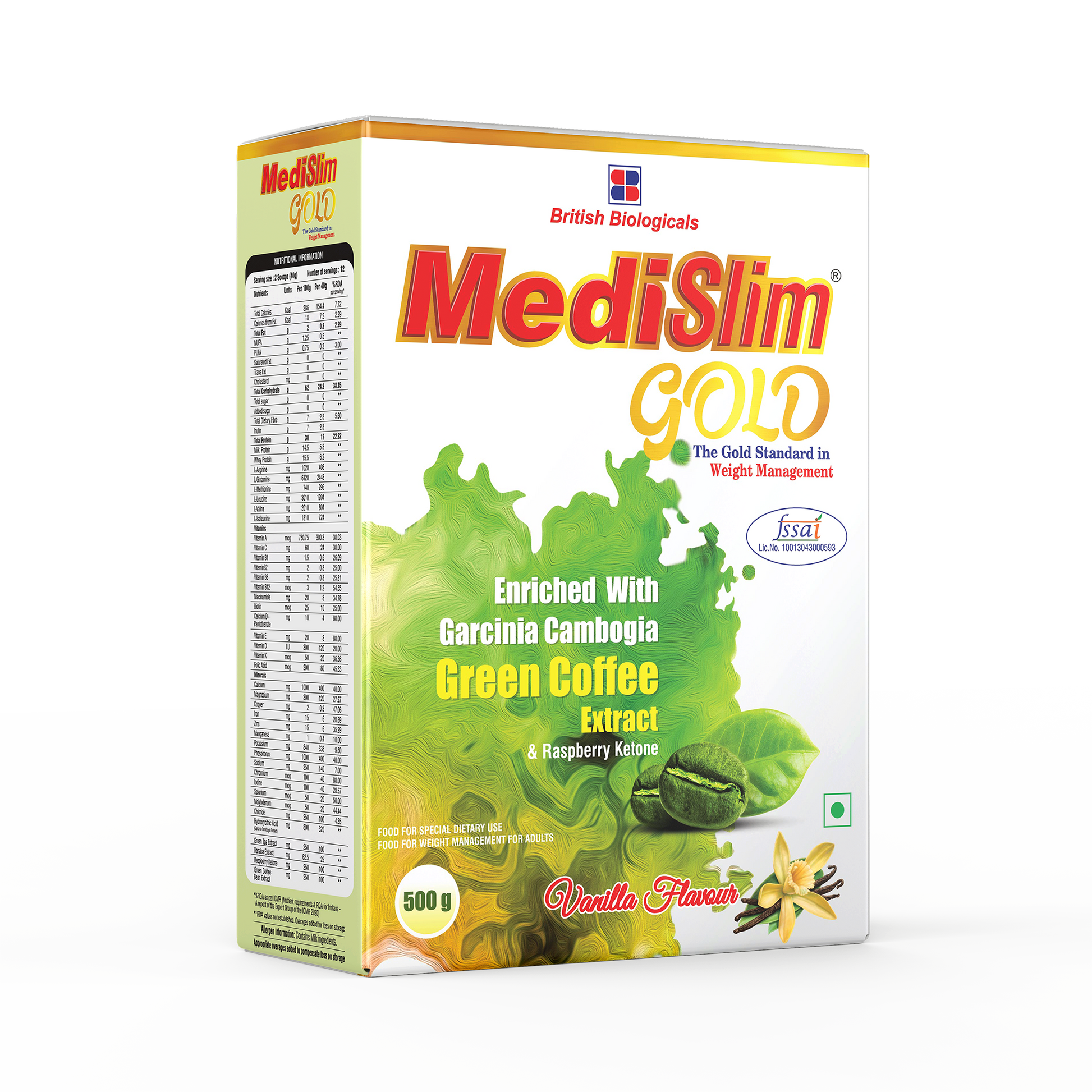 British Biologicals Medislim Gold | Advanced Weight Management Meal Replacement | High Protein, Low Fat & Sugar Free | With Essential Vitamins & Minerals | Garcinia Cambogia, Raspberry, Ketone | 500g Pack