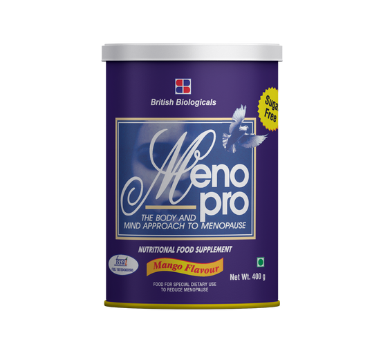 Meno Pro menopause support supplement bottle by shopbritishbiologicals, showing capsules and label for hormonal balance and bone health.